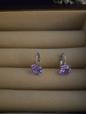 Elegant Purplish/pink Square-Cut Drop Earrings with Pavé Accent Sterling Silver